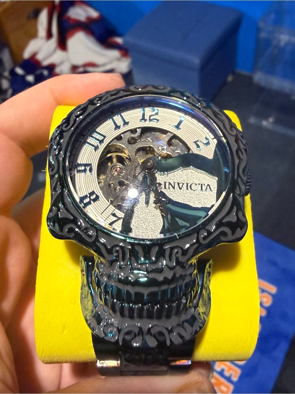Rare Invicta green Skull Skeletonized Dial Automatic Watch with Silver Accents